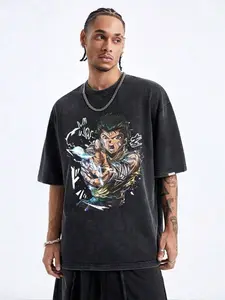 Retro Yusuke Urameshi Tee Vintage Anime Acid Wash Streetwear Menswear Top Cotton Black Classic Fit YYH Fans Gift Crewneck Tshirt for Anime Conventions