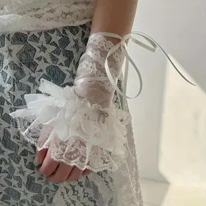 WomenBridalGloves,ElegantBowTie-upLaceSheerGlovesTeaPartyFingerlessGloves