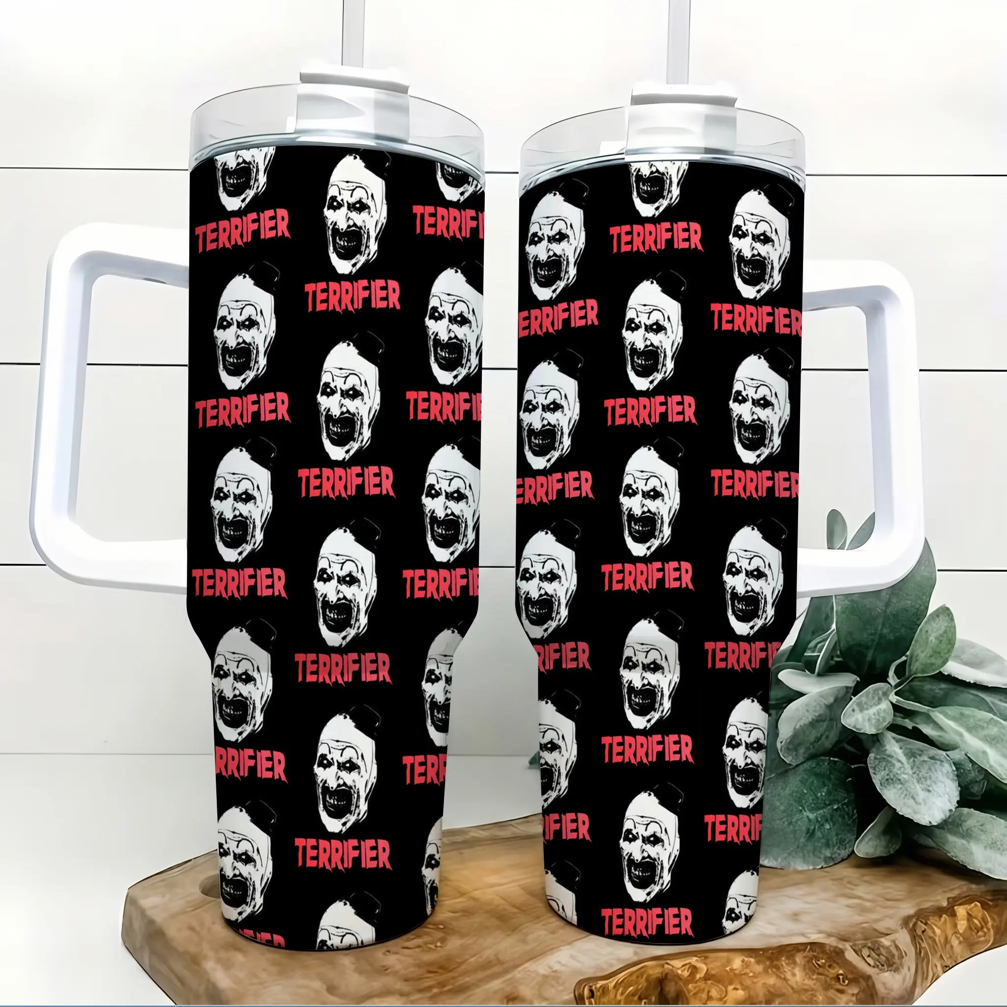 Terrifier Horror Clown 40oz Tumbler with Handle and Straw Black Red Scary Movie Inspired Insulated Stainless Steel Water Bottle Travel Mug Coffee Cup Car Cup Halloween Gift for Women Men Teens Horror Fans