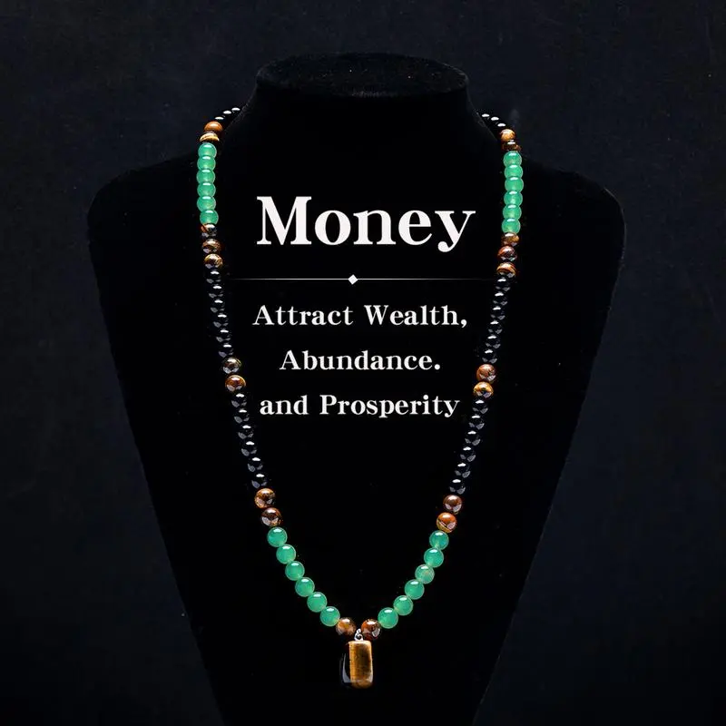 Natural Crystal Necklace with Green Aventurine & Tiger Eye, 50 cm Healing Pendant Sweater Chain for Wealth Attraction, Business Negotiation & Corporate Meetings, Unisex Fashion Costume Jewelry Gift