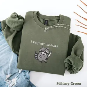EMBROIDERED Raccoon Sweatshirt, I Require Snacks Sweater, Snack Lover Embroidered Shirt, Cute Animal Crewneck, Goblincore Animal Lover Gift