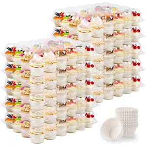 24 Count Clear Plastic Disposable Cupcake Containers 10 Pack with Detachable Tall Dome Lids 360 Liners for 240 Cupcakes, BPA Free, Standard Size