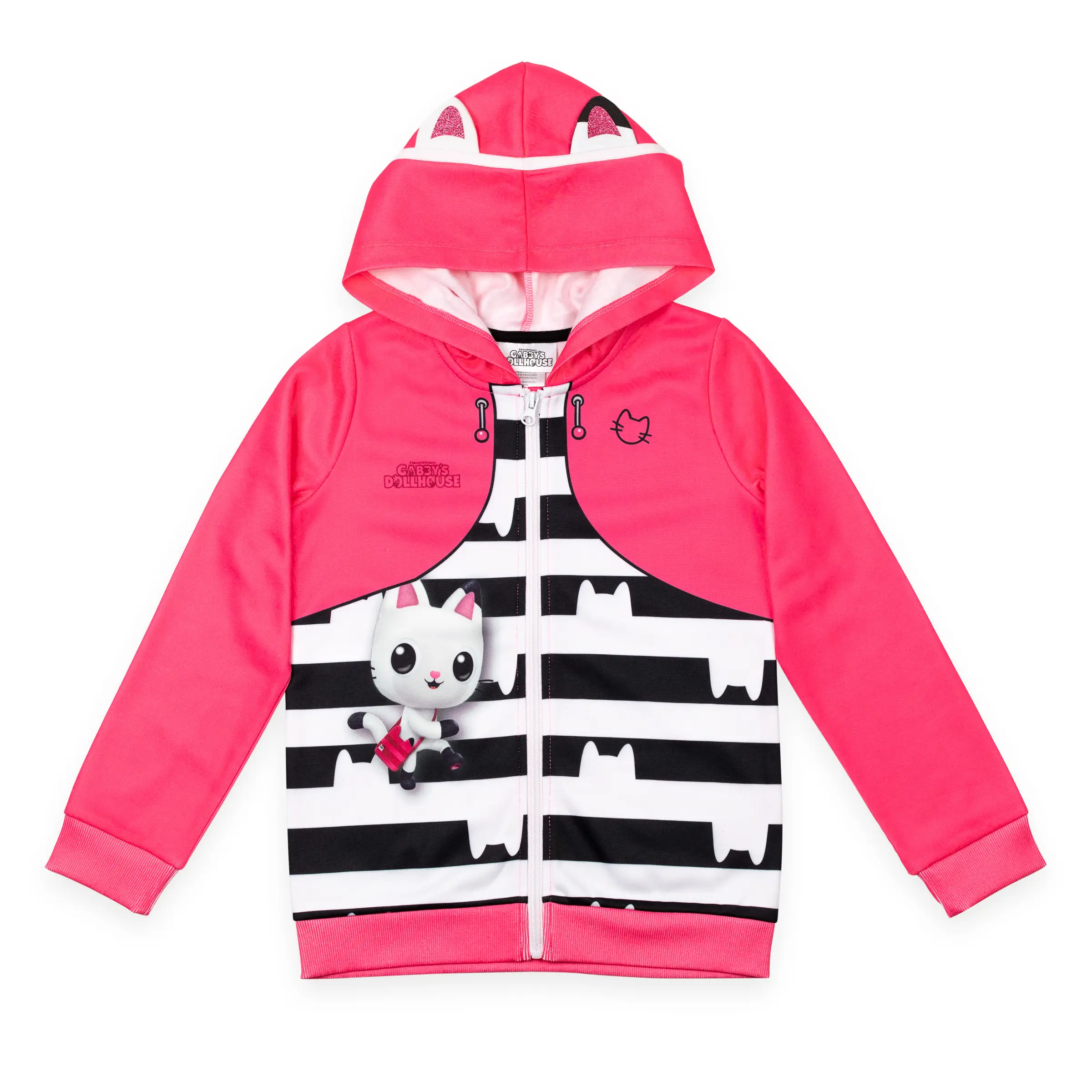 Dreamworks Gabby's Dollhouse Pandy Paws Graphic 3T Girls' Striped Long Sleeve Zip-Up Hoodie-Jumper, Cosplay Everyday Cozy Warm Fleece Casual Pink Kids' Top