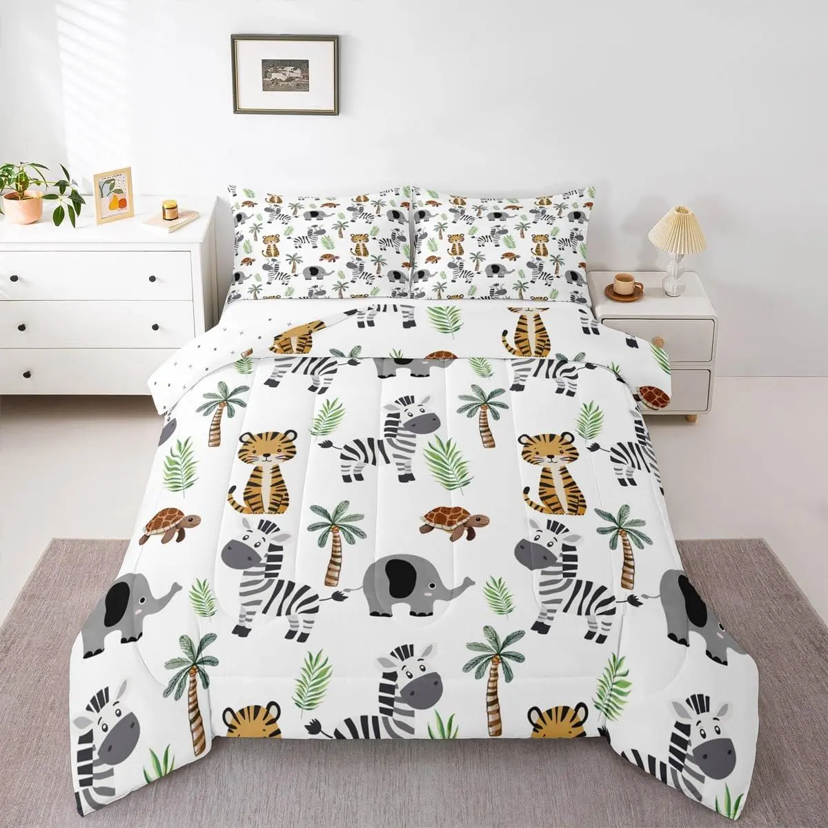 Cute Zoo Animals Bedding Set Cartoon Tiger Elephant Comforter Set Decor Zebra Turtle Tropical Tree Duvet Quilt Soft Lightweight Microfiber Bedroom Decor