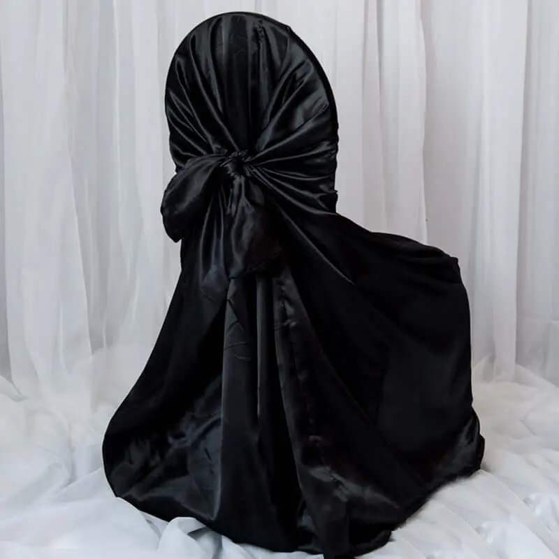 Black Satin Self-Tie Universal Chair Cover - Reusable, Washable Slip-On Cover for Dining, Party & Standard-Size Chairs, Dining Chair Slipcovers, Party Chair Covers