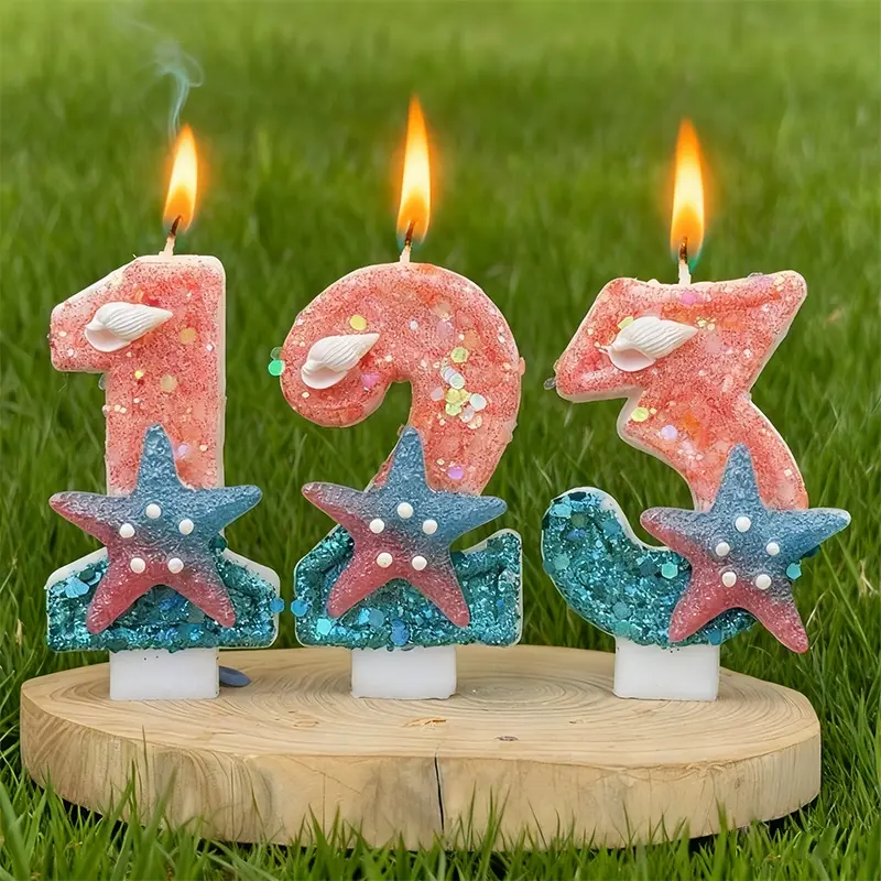 1pcs Powder blue colorful starfish and shell number candles, birthday party cake decorations, Cake Topper, party atmosphere props, suitable for Halloween, Christmas events, and party supplies