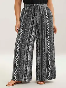 【Summer Turn-Up】【Wide Leg】BlOOMCHIC plus size Boho Print Wide-Leg Pants Casual Summer Trousers with Slanted Pockets Belt Loose-Fitting Bohemian Style Black Loose Oversize Trouser Wideleg Bottom Knot camo pants [M-6X] 2026 Summer Pick for Mother's Day