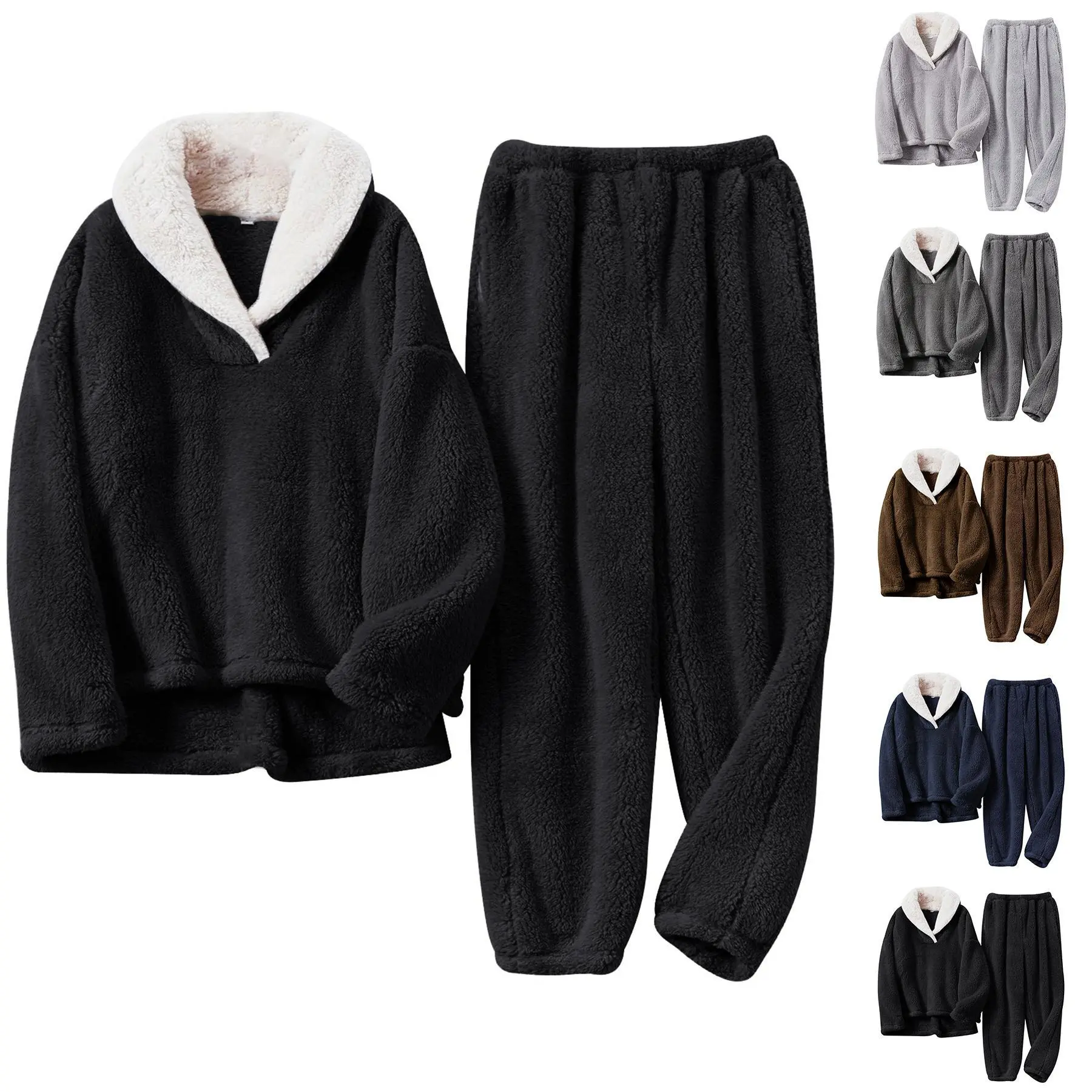 Gihuo Mens Fluffy Pajamas Set 2 Piece Fleece Pjs Loose Plush Winter Warm Cozy Loungewear Sleepwear Coral Fleece Soft Warm Fabric Long Sleeve Lapel Design Contrast Collar Stylish Look Loose Fit Comfortable All Season Long Ideal For Home Use - Menswear