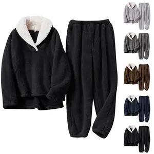Gihuo Mens Fluffy Pajamas Set 2 Piece Fleece Pjs Loose Plush Winter Warm Cozy Loungewear Sleepwear Coral Fleece Soft Warm Fabric Long Sleeve Lapel Design Contrast Collar Stylish Look Loose Fit Comfortable All Season Long Ideal For Home Use - Menswear