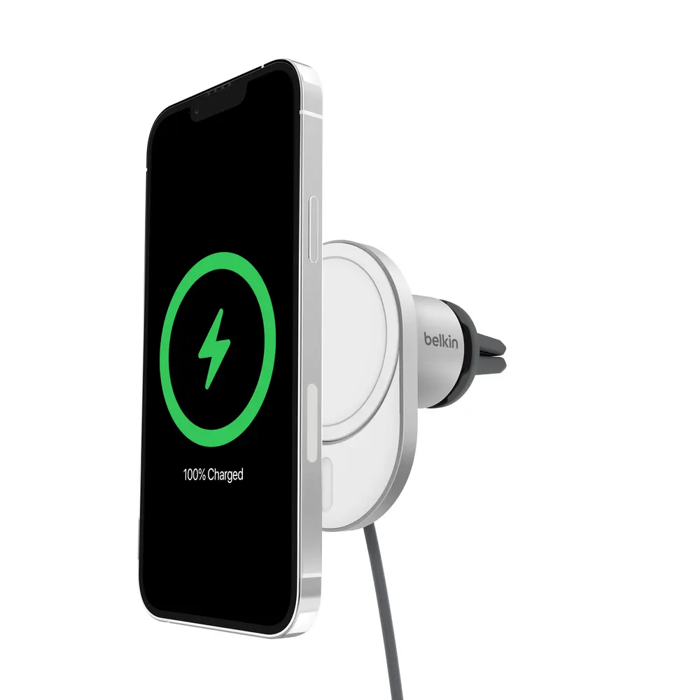 Belkin BoostCharge Pro Magnetic Wireless Car Charger with Qi2 15W, Fast Charging for Phones, Secure Magnetic Mount, Adjustable Design, Easy Installation, Ideal for Commutes & Road Trips, Sleek & Durable, Available in Gray.