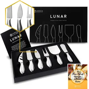 Lunar 6- Cheese  Set -  Stainless Steel Cheese  Collection - Charcuterie Board Accessories  Ready w/ 15 Festive Recipes