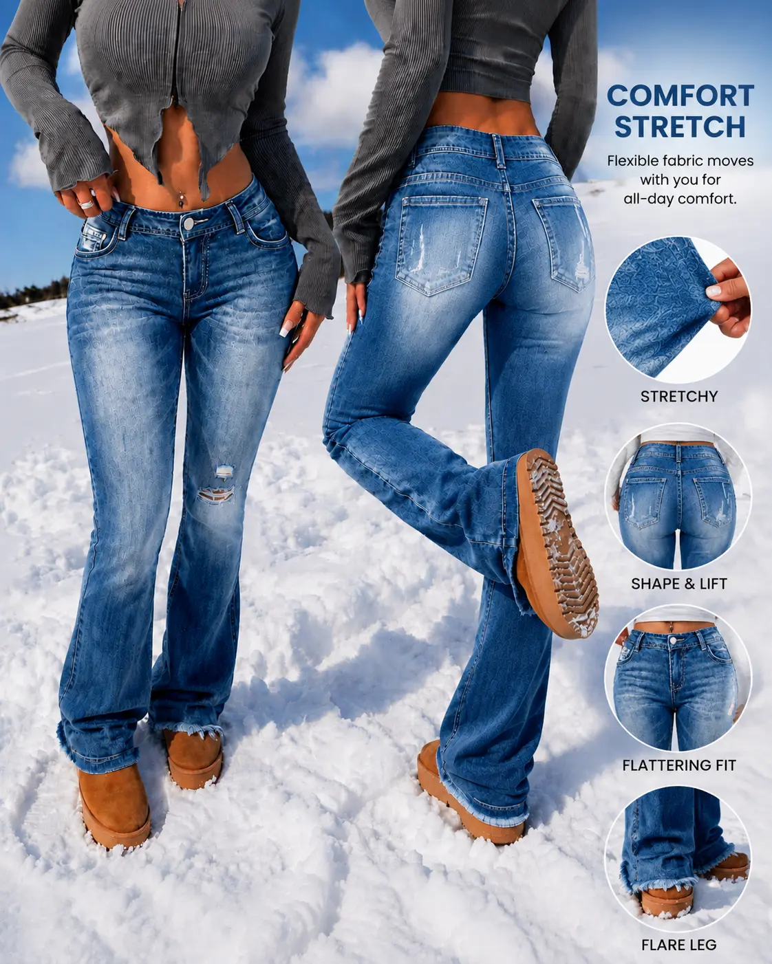 Women's Distressed Ripped Vintage Flare Jeans with Raw Edge Frayed Hem Bootcut Design