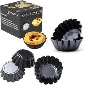 12PCS 2.6inch Mini Non-Stick Carbon Steel Egg Tart Molds for Baking