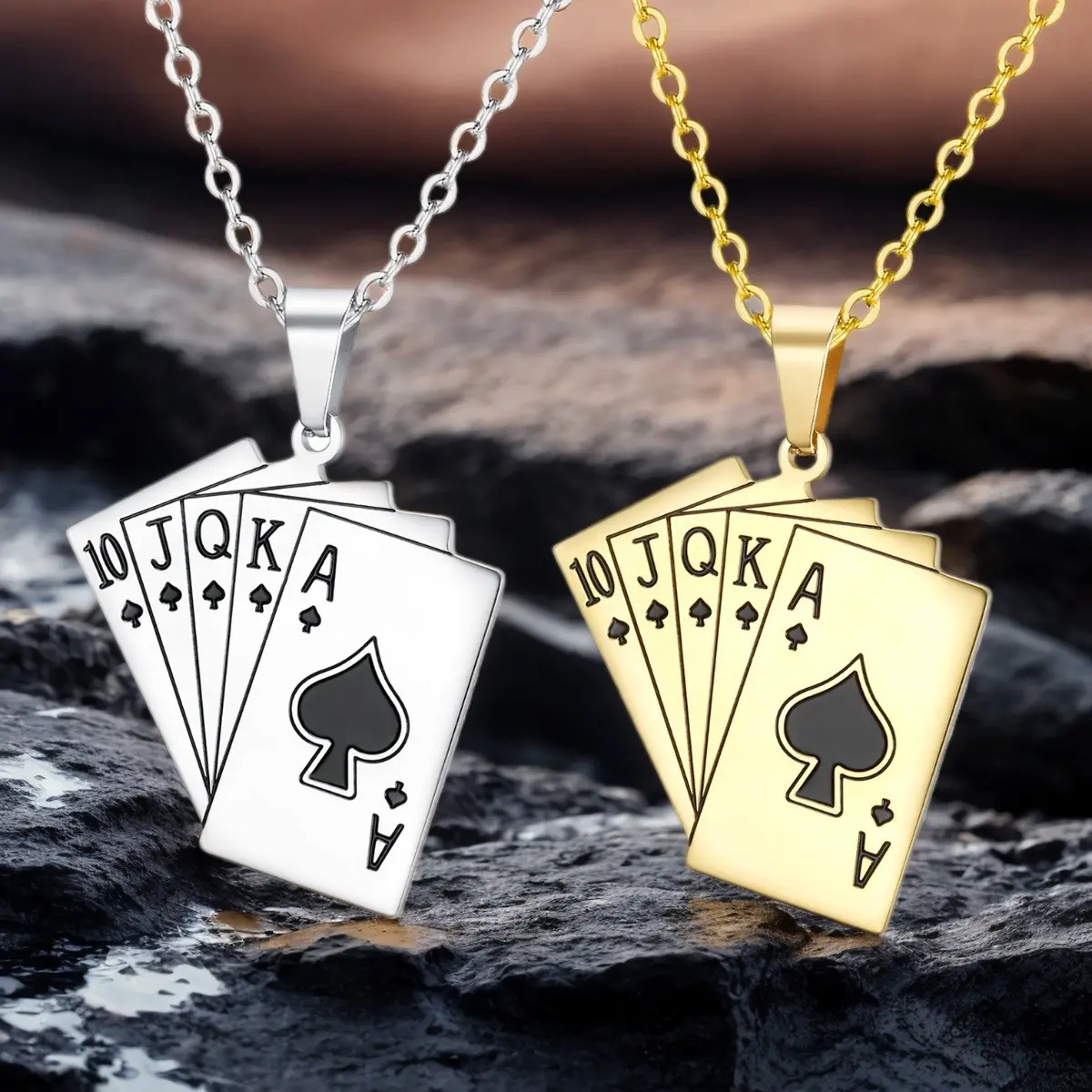 Men's Stainless Steel Hip-Hop Poker Card Floral Square Pendant Necklace - 1pc Metal Construction Casual Chain Jewelry Necklace, Durable, Fade-Resistant for Daily Wear, Holiday Gifting, Hip-Hop Inspired Necklaces, Metal Construction Necklaces