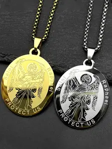 Stainless Steel Non Tarnish Christian Archangel Saint Raphael Protect Us Medal Pendant Inspirational Jewelry Necklaces for Women Men Gold Color Chain