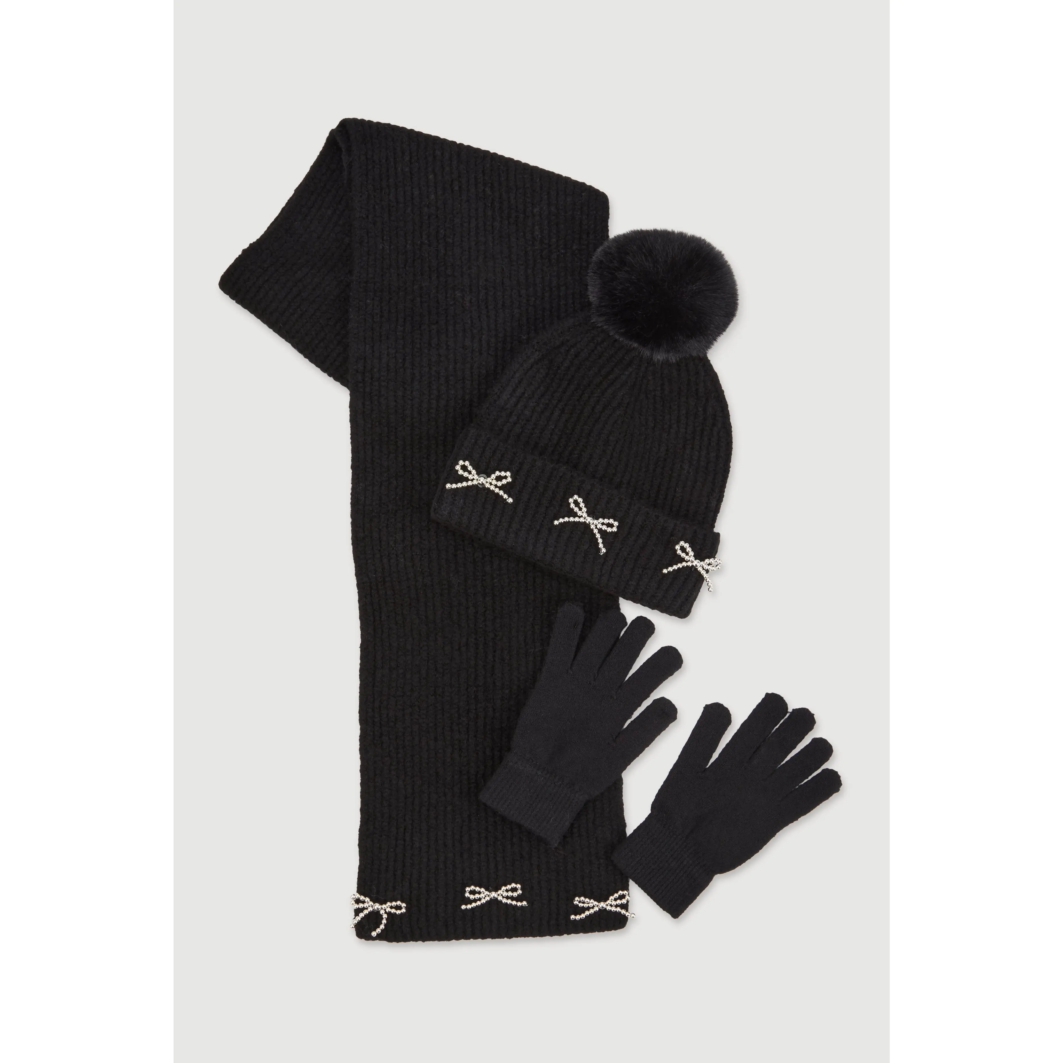Beaded Bow Detail Scarf and Pom Pom Beanie with Gloves