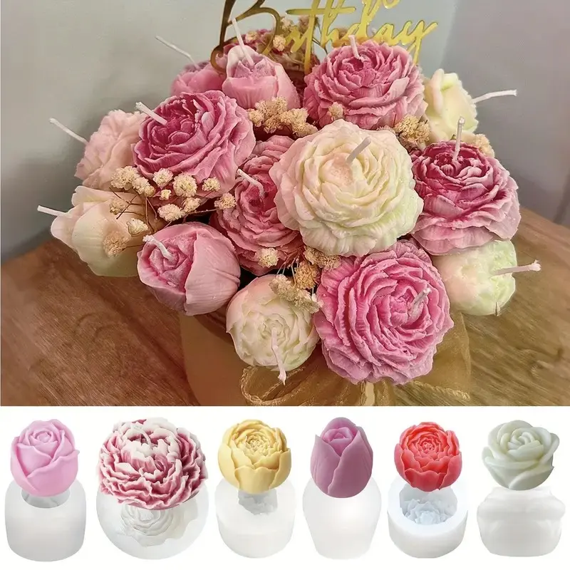 6-Piece Flower Candle Molds Set, DIY Floral Wax Mold Kit for Resin Casting Soap Making, Heart Rose Peony Design, Home Decor Wedding Craft Gift