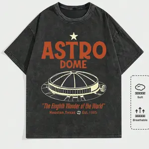 Men's Vintage Houston Astrodome Graphic T-Shirt - 230g Water-Washed Cotton Retro Streetwear Tee with "Eighth Wonder of the World" Print, All-Season Comfort, Machine Washable, Ideal Holiday Gift, Comfortable Clothing | Classic Round Neck | Soft T