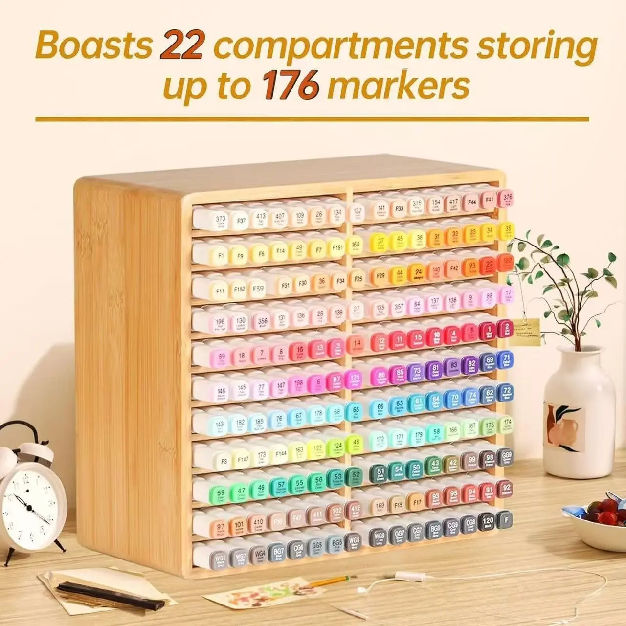 Bamboo desktop watercolor pen storage box, office pen holder, school drawing pen storage rack, multi-layer marker pen storage, Stationery Organizer, Stationary Organizer Holder, Desktop Accessory, Desk Organizer Tidy, Office Accessories
