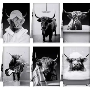 Set of 6 Highland Cow Kitchen  Funny Black and White Dish Towels Absorbent Cute Bathroom Cow Tea Towels 24 x 16 Inches Bull Hand Towels Gifts for Farmhouse Bathroom Kitchen Decorations
