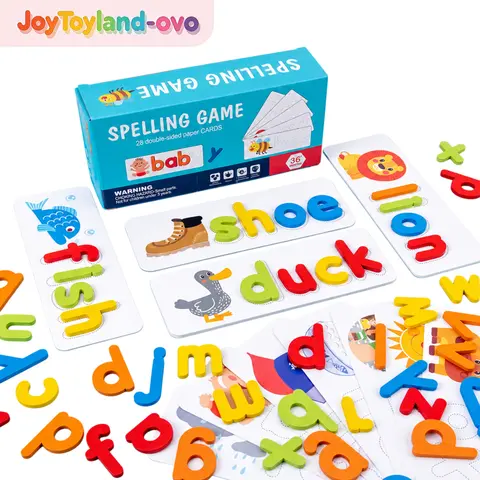 Wooden Alphabet Spelling Game for Kids, Letter Tiles & Flash Cards for Preschool Sight Words and Early Reading