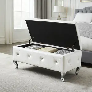Upholstered Storage Ottoman Bench For Bedroom End Of Bed Faux Leather Rectangular Storage Benches Footrest With Crystal Buttons For Living Room Entryway (White)