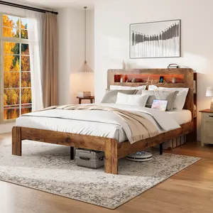 King Size Farmhouse Wood Bed Frame with USB Charging Station & Bookcase, Wooden Bed Frame with Storage Headboard, 2 USB Ports & 2 AC Outlets, Sturdy Wood Framework,Noiseless, 12 Metal Slat Support