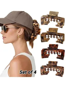 4 PCS Leopard print Extra Large Claw Clips for Thick Hair, 4 Inch Square Hair Clips for Women, Strong Hold Double Teeth Claw Clip for Hat, Non Slip Rectangle Jaw Clips, Ideal for high ponytail, messy bun, Pigtails, Hair Claws