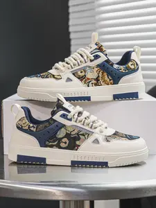 Men's Trendy Colorblock Patchwork Random Print Comfortable Anti-Slip Skate Shoes, Fashion Sneakers, Patchwork Design Sneakers, Lifestyle Colorblock Sneakers, Casual Low Top Textile Sneakers for All Seasons, Lace Up Sneaker