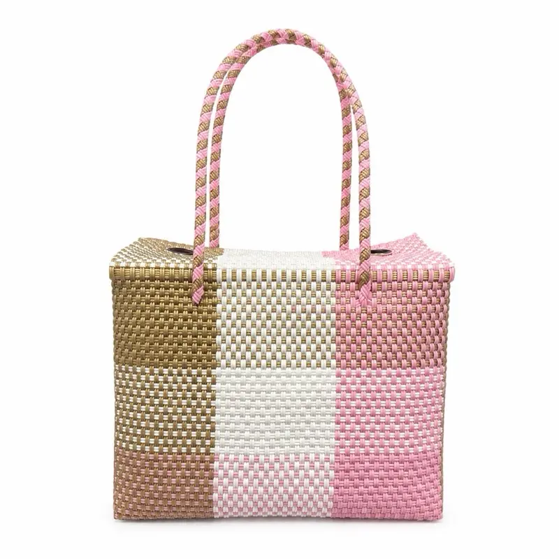 Women's Handwoven Reusable Bag, Mexican Handcrafted Recycled Plastic Eco-Friendly Purse with Magnetic Buckle Closure, Unique Design, 12x6x9 In Lonchera