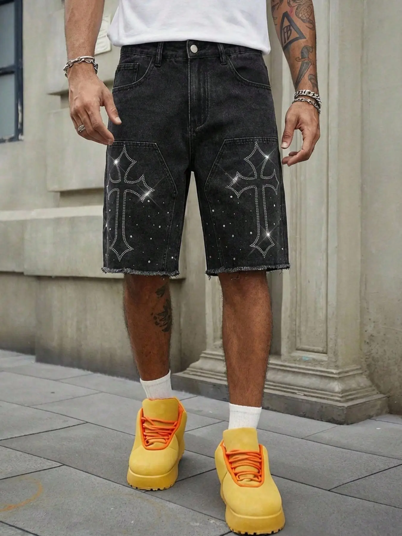 Men's Cross Rhinestone Distressed Denim Shorts, Y2K Streetwear Street Style, Loose-Fit, Button Fly, Above Knee, Casual All-Seasons, Party & Night Out Wear