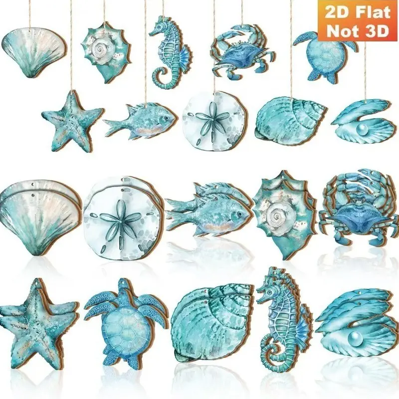 Summer Ocean Series Wooden Decorations, Cute Starfish Shell Ornaments, Hanging Wood Material, 10pcs/20pcs/30pcs, Marine Life Decor, Home Ornaments