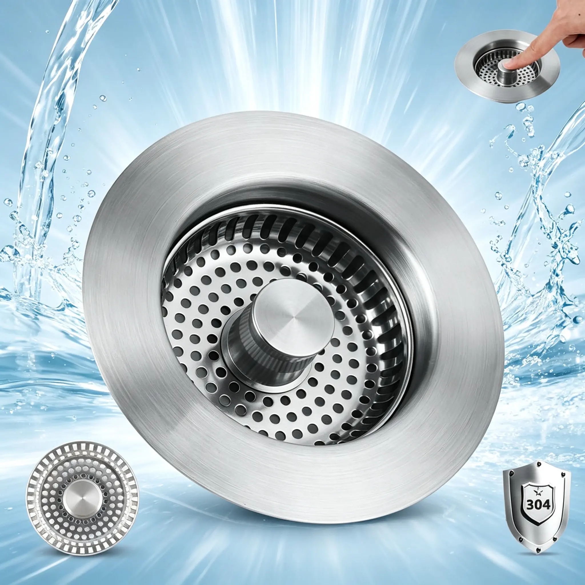 sus304 stainless steel,3 in 1 Kitchen Sink Drain Strainer, 304 Stainless Steel Pop Up Sink Stopper, Anti-Clogging Basket Odor Filter Sink Drain Cover Plug for US Standard Kitchen Drain