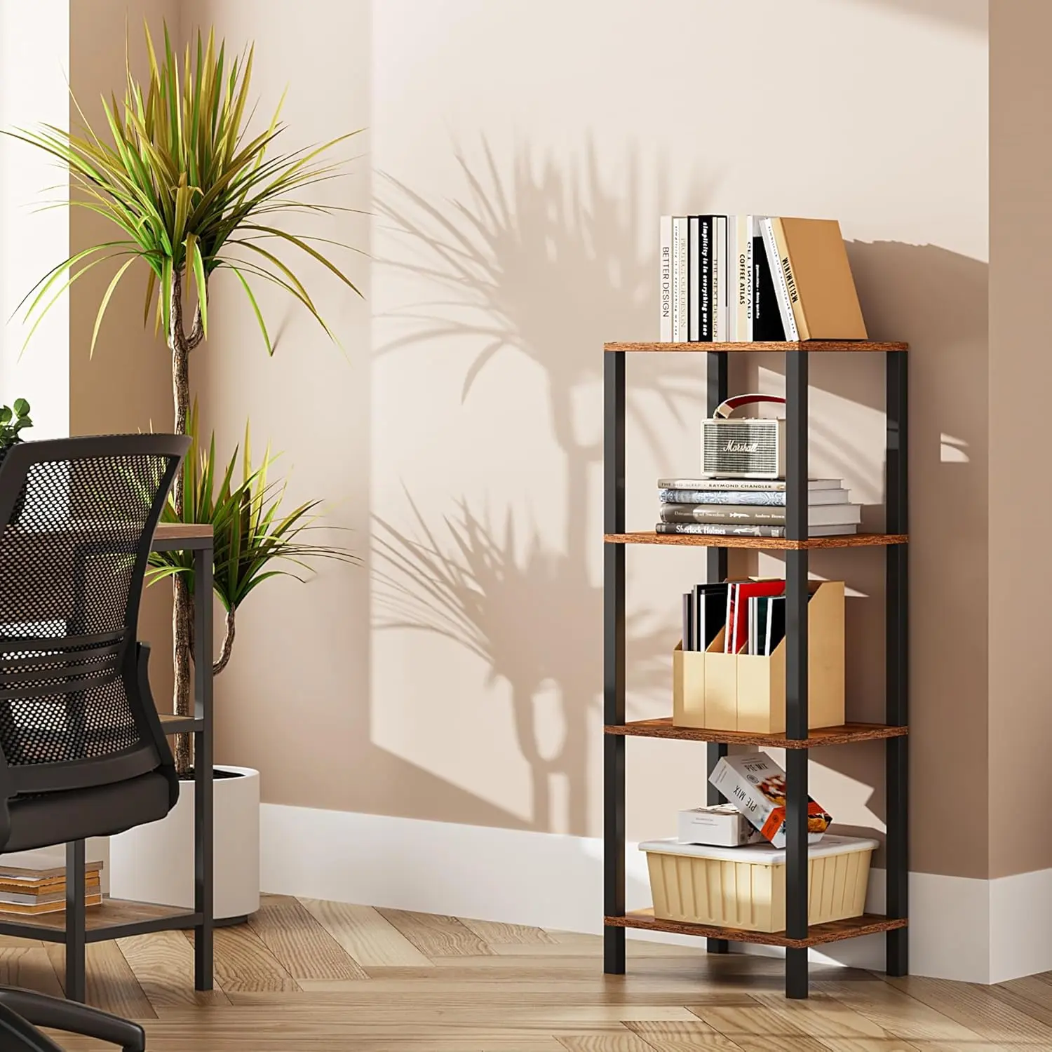 Bookshelf, 4-Tier Tall Book Shelf, Narrow Bookcase for Small Space, DIY Stackable Bookshelf, for Living Room, Office, Study, Entryway, Industrial, Rustic Brown BS01BB004