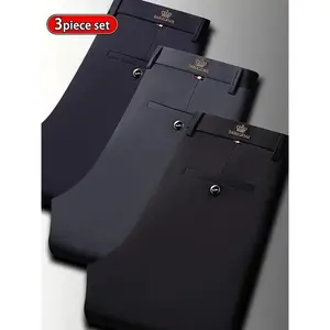 3 Pieces Men's High Elasticity Business Casual Pants - Wrinkle-Resistant All-Season, Machine Washable with Logo, Mid-Waist Regular Fit with Zipper Closure, Professional Attire for Office and Formal Occasions, Classic Style, High-Quality Stitching, Multi-