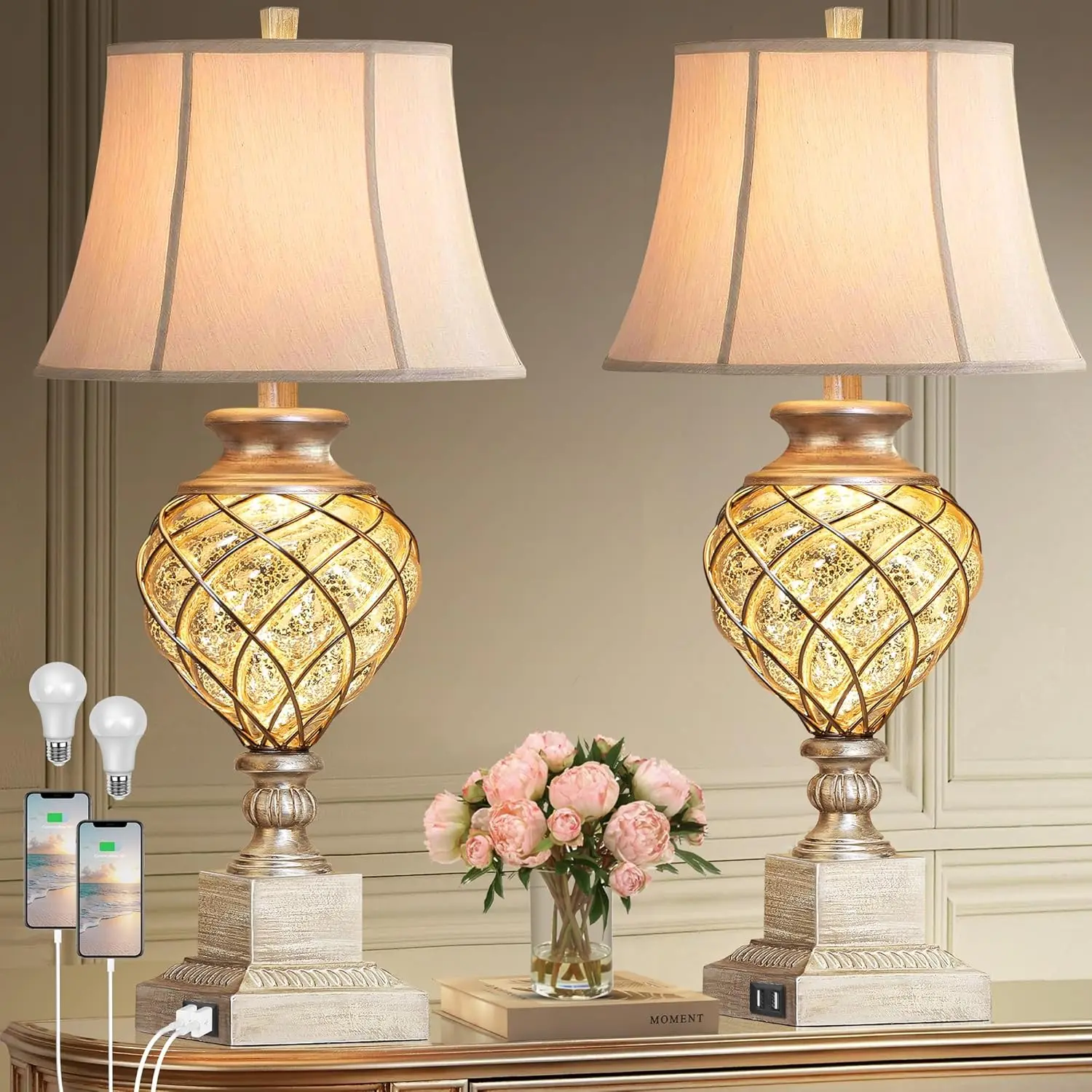 29" Tall Farmhouse Rustic Table Lamps Set of 2 for Living Room,3-Color Temperature Dimmable Country Antique Bedroom Nightstand Lamps for Retro Decor (Country)