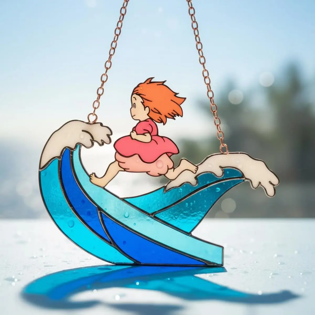 Studio Ghibli Ponyo Anime Stained Glass Suncatcher Wave Running Acrylic Window Hanging Ornament, Kawaii Ocean Room Decor, Perfect Gift for Ghibli Fans & Collectors