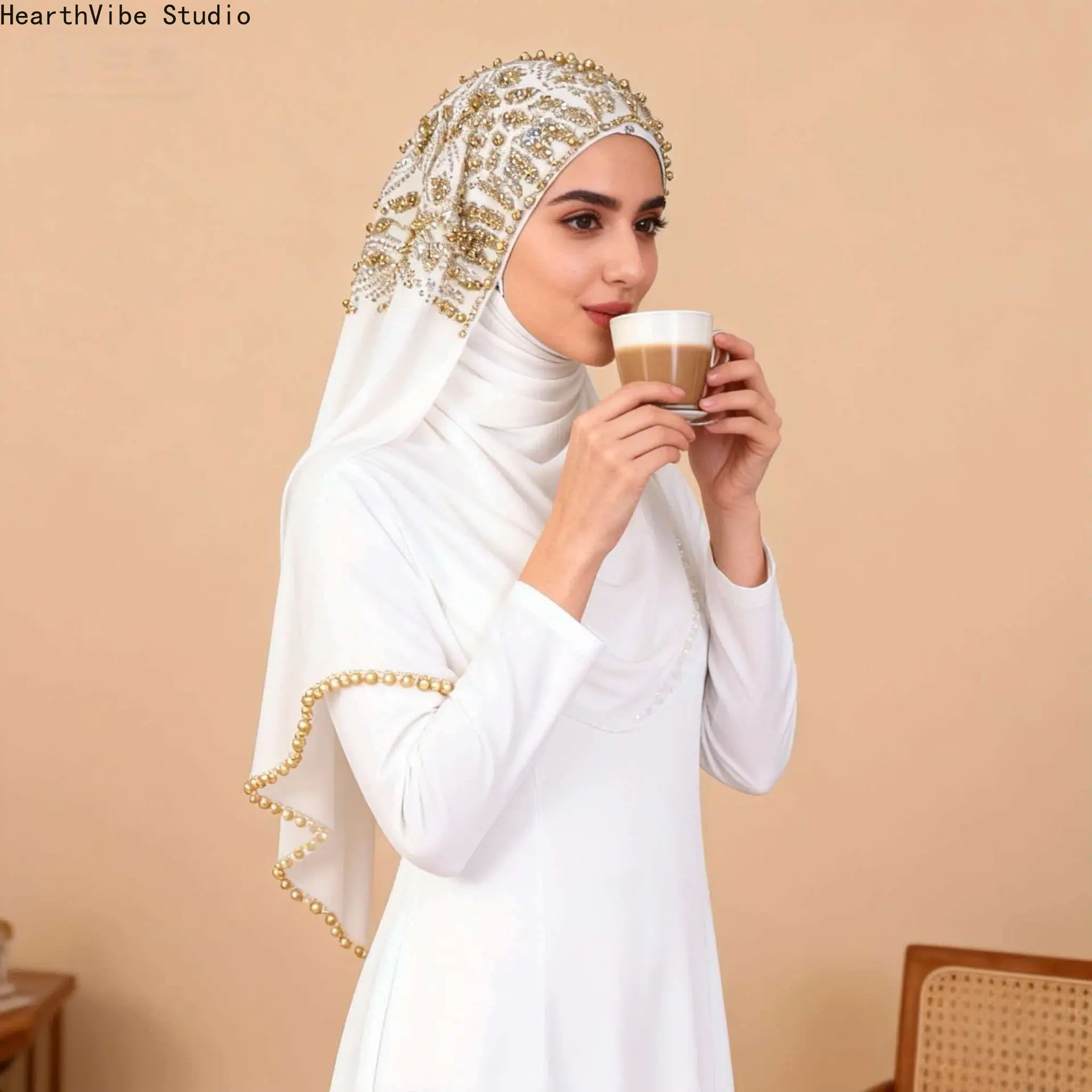 Elegant Plisse Chiffon Hijab Shawl for Women, Premium Headscarf with Gold Crystal & Pearl Embroidery for Wedding & Eid Party, Eid & Wedding Glam