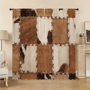 2Pcs/Set Patchwork Cowhide Texture Farmhouse Pattern 3D Design Light-Filtering Polyester Drapes Rod Pocket Window Curtains For Living Room Bedroom Kitchen Laundry Bathroom Door Protecting Privacy Home Decor