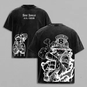 Shinra Kusakabe Tee Washed – Fire Force Vintage Washed Heavy Cotton Oversized Anime Manga T-Shirt & Hoodie Washed, Double Printed Retro Unisex Streetwear Graphic Top, Devil’s Footprints Fire Fighter Edition