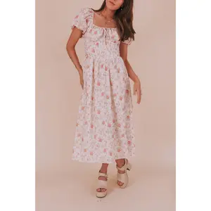 EXCLUSIVE Cottage Garden Dress - Boho Floral Print Short Puff Sleeves Ruched Bust Drawstring Neckline with Tied Bow Summer Garden Party Midi Length XS-6XL