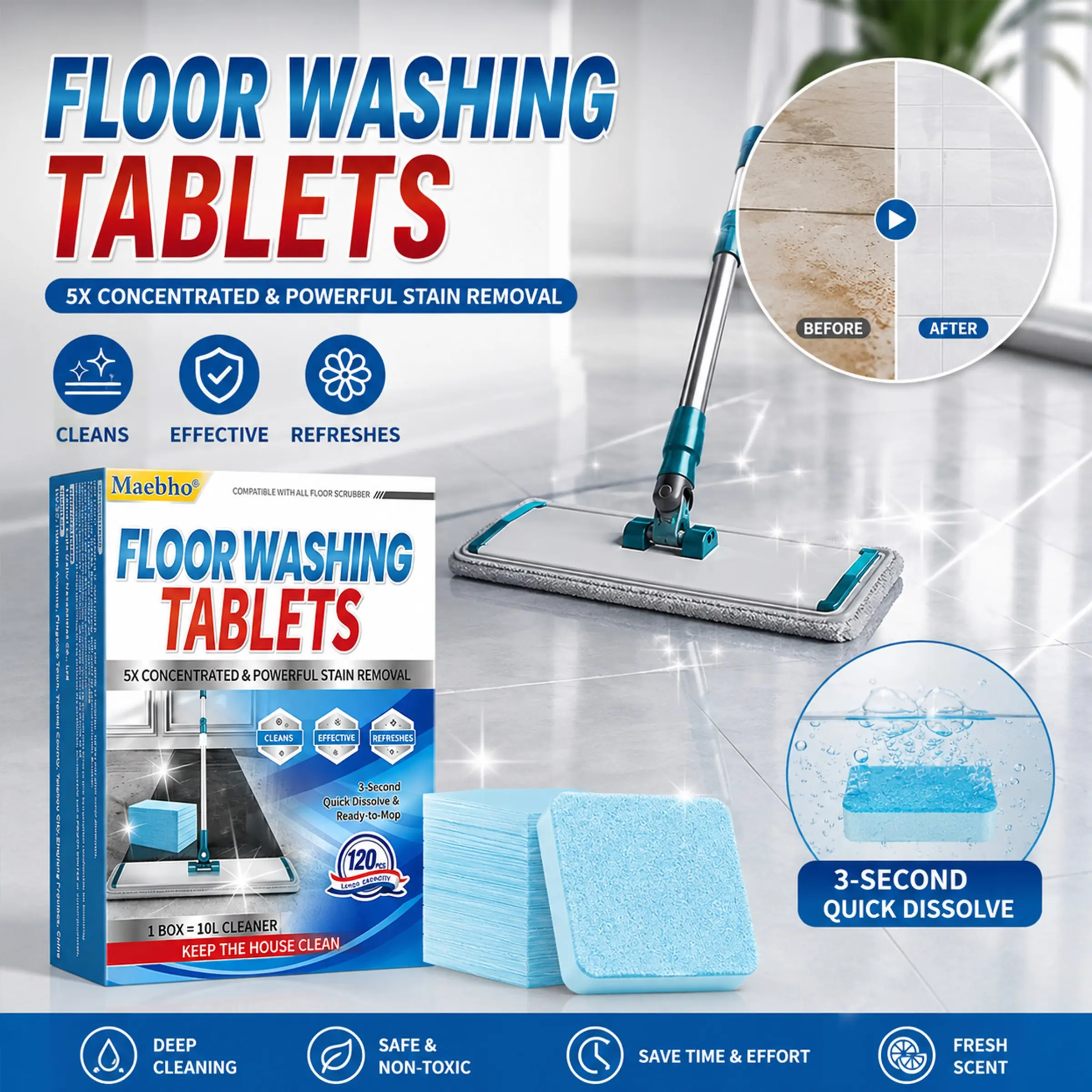 120x Concentrated Floor Cleaning Tablets Cleaner - Deep Clean Tiles Wood Laminate No Residue | Easy Mop Solution Home Cleaning Products