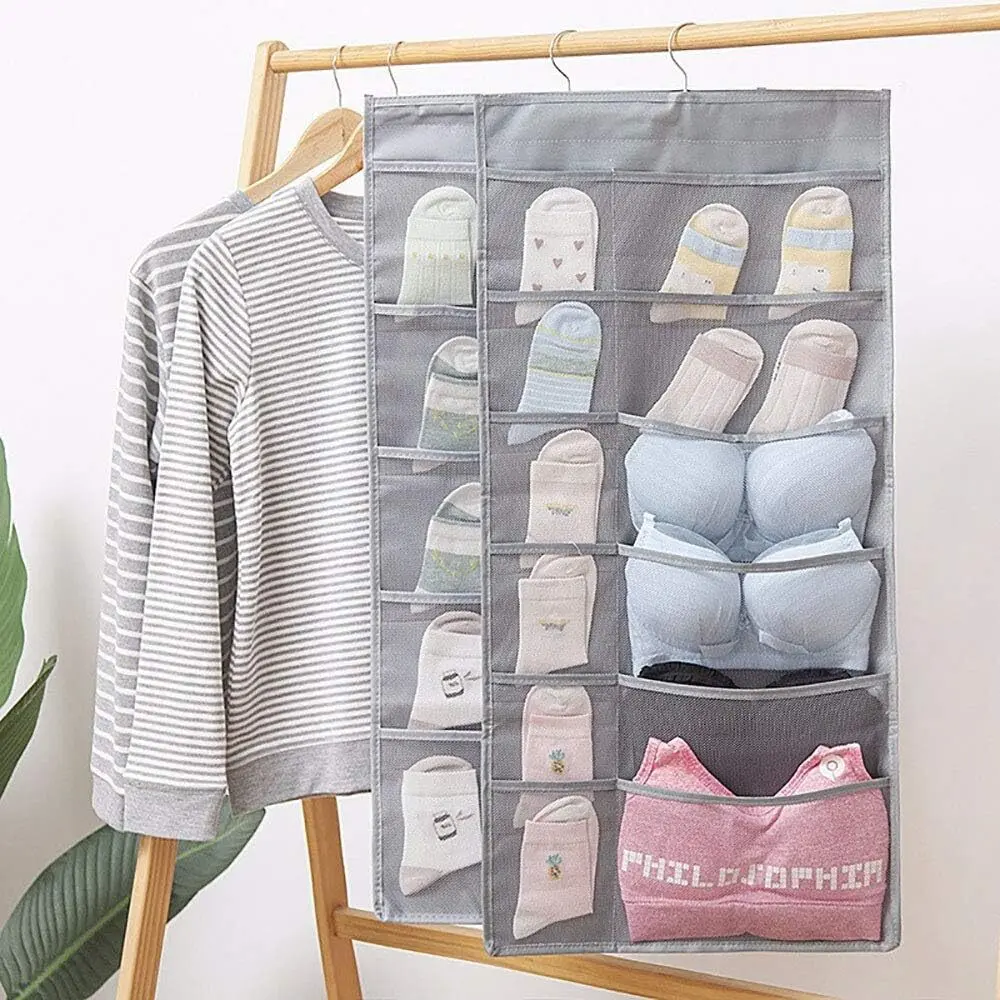 30-Pocket Hanging Closet Organizer Hanger - Dual-Sided Durable Lightweight Oxford Cloth Organizer with Breathable Mesh, Roll-Up Compression for Bra Storage, Multi-Pocket Storage Solution, Durable Lightweight Organizer