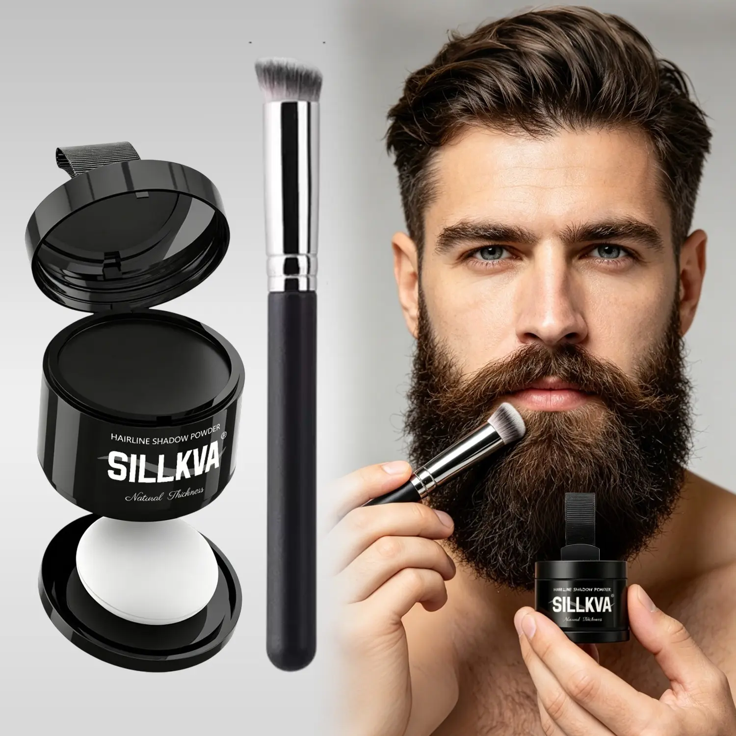 SILLKVA Magic Root Cover Beard Powder & Concealer Brush Set – Instant Gray Beard Coverage, Beard Line Filler for Sparse Areas, Natural Look, Waterproof & Long-Lasting Cleanser Cleanser