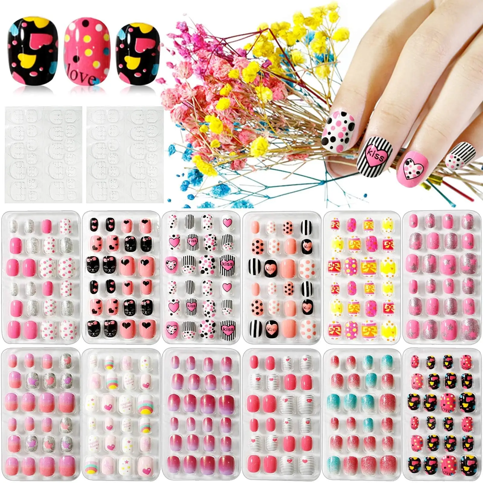 288PCS kids False Nail, Press on Pre-glue Full Cover Candy Pattern Short False Nail Kits with 48PCS Nail Adhesive Mommy & Me Valentine Nails Kit Tabs, Valentine's Day Lovely Gift for Kids Little Girls Nail Art Decoration
