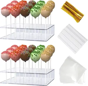 2 Pack Cake Pop Stand with Sticks Kit, Acrylic Lollipop Hold Stand, Clear Cake Pop Display Holder, 15 Holes Candy Pop Holder with 100 Pcs Sticks, 100 Pcs Clear Wrappers, 100 Pcs Gold Twist Ties Ornaments Decor
