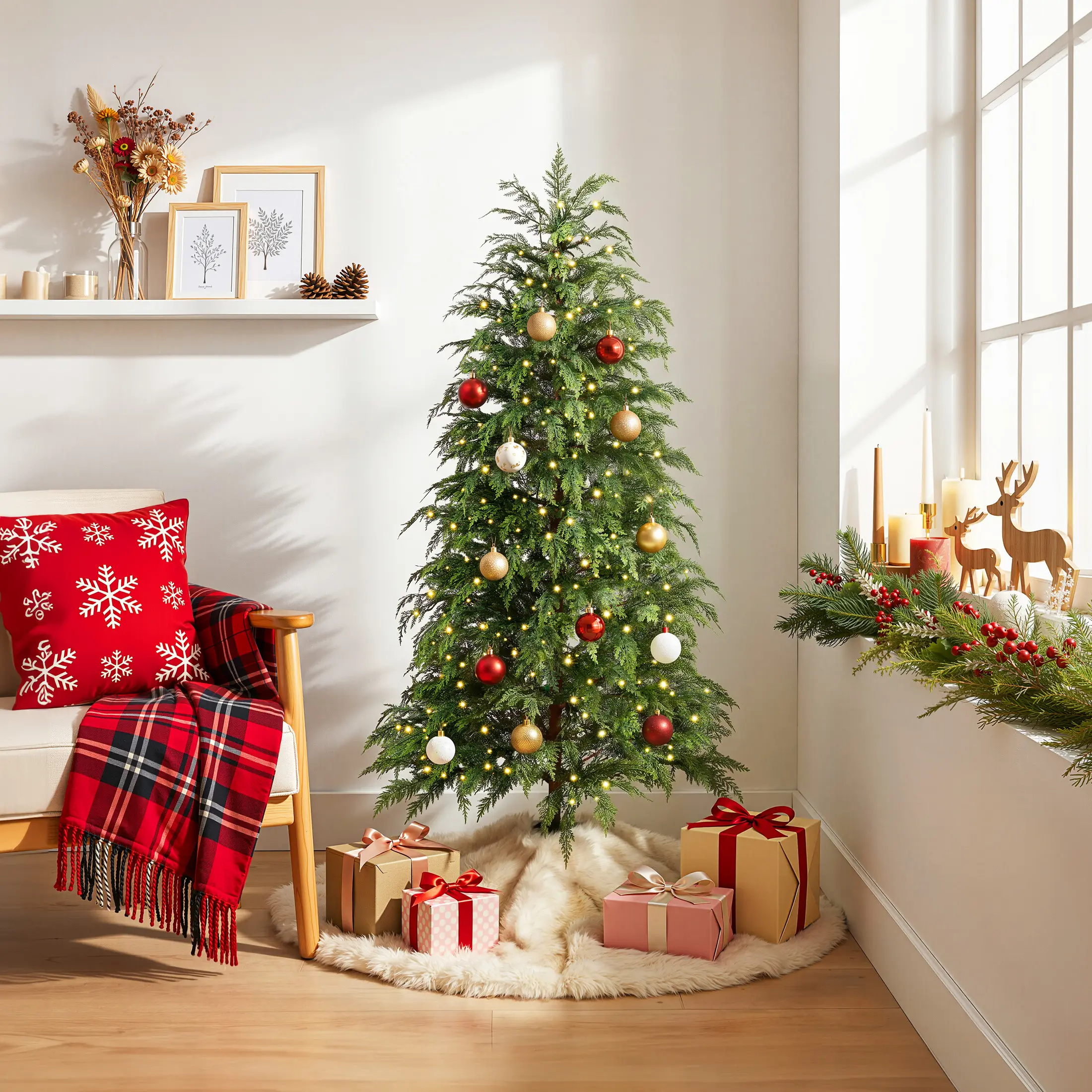 DR.Planzen 72“ Pre-Lit Green Cypress Artificial Christmas Tree with 350 Warm White Twinkle LED Lights, Full-Bodied Xmas Tree with Metal Stand, Indoor Holiday Decoration