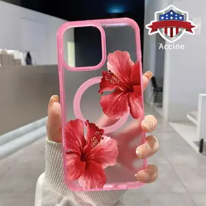 Magnetic Phone Case for iPhone 16 Pro Max 15 Plus 14 13 12 11 XR XS Hibiscus Blooms Pattern Shockproof Soft Silicone Transparent Protective Cover Supports Wireless Charging