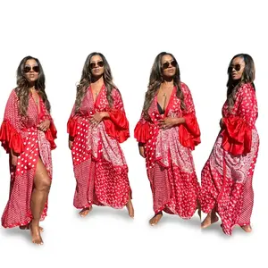 Bali Satin Kimono – Luxe Flowy Vibes | Red & White Open Front + Scarf