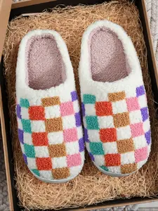 Soft Plush Colorful Grid Slippers, Rainbow Embroidered Indoor Outdoor Shoes, Fuzzy Warm Slippers, Warm Non-Slip Winter Christmas Gift for Men Women